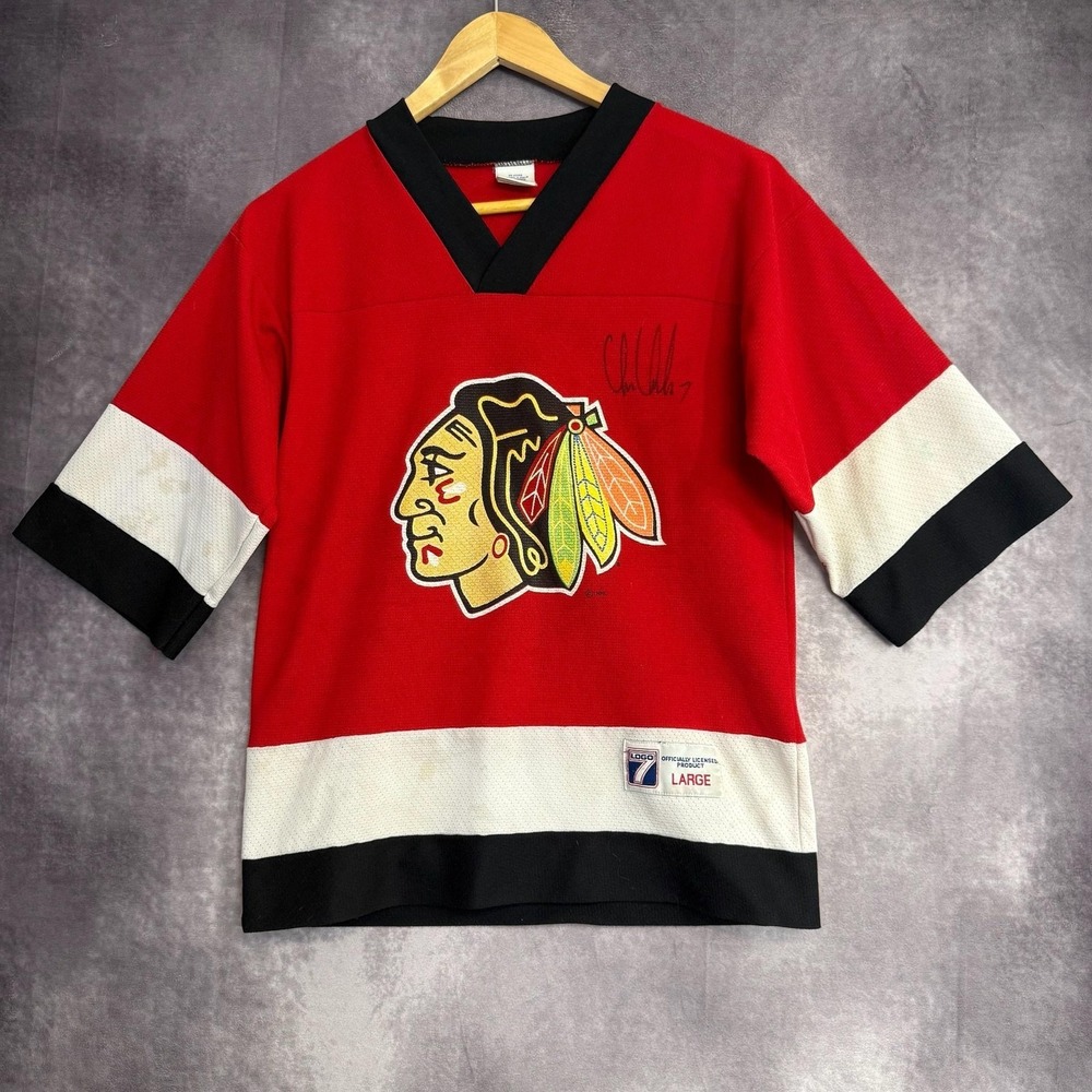 Vintage Chicago Blackhawks SIGNED Jersey Youth Large 14/16 NHL Chelios Logo‎ 7